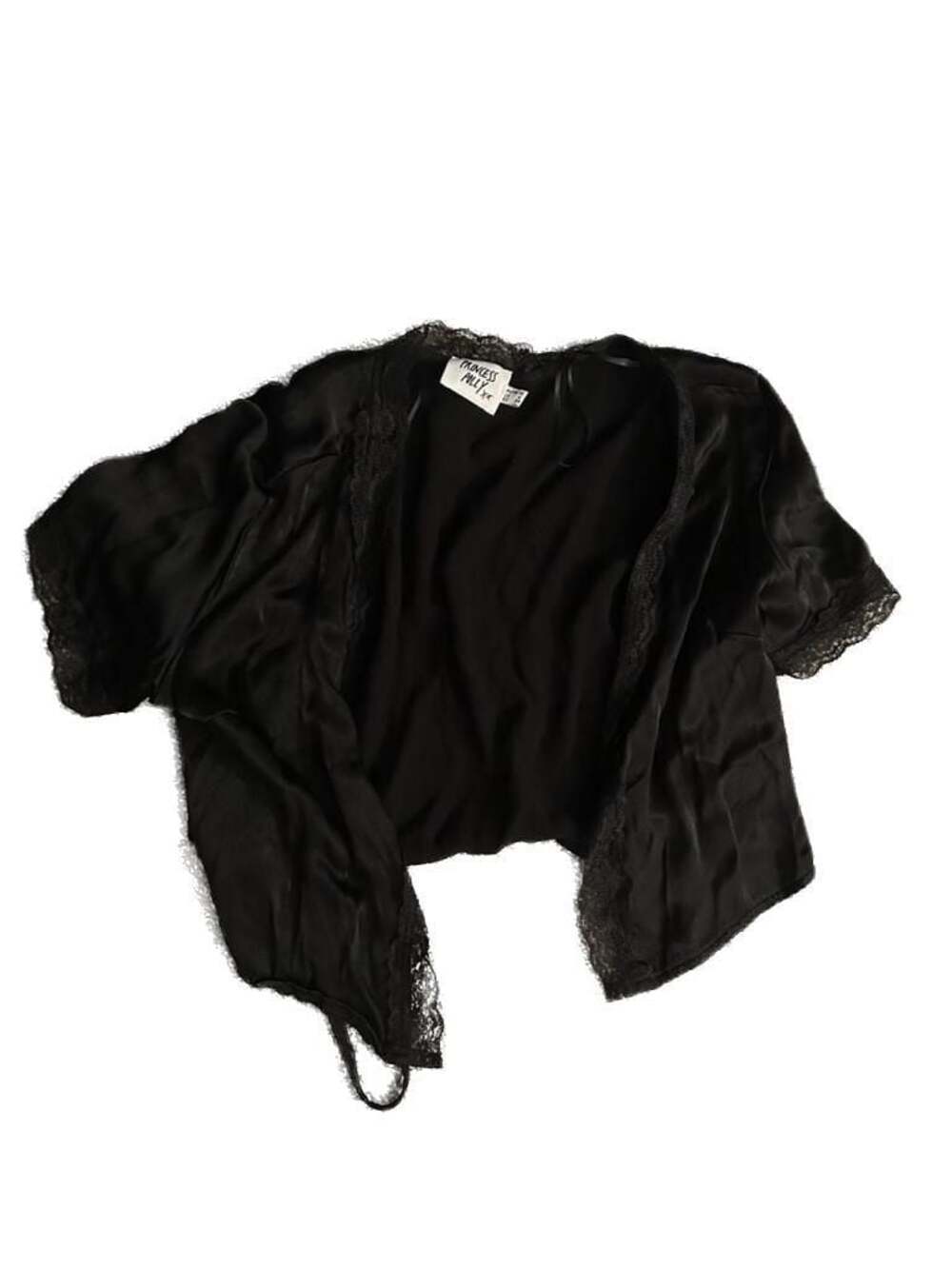 Princess Polly Black Satin Lace Trim Tie Front Shrug Size US 6